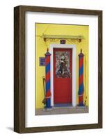 Colourful, Ornate Traditional Doorway and Striped Mooring Posts in the Town of Burano, Venice-Cahir Davitt-Framed Photographic Print