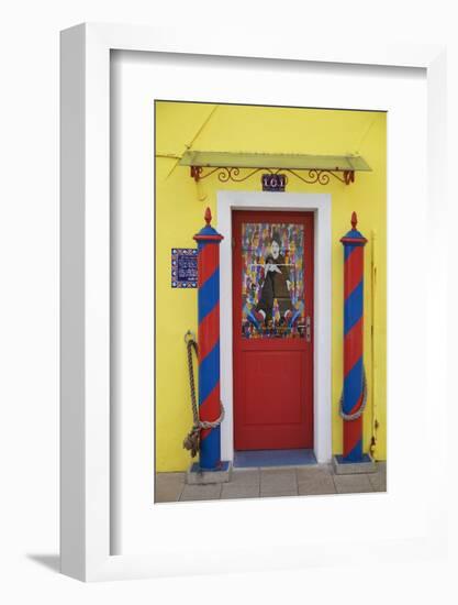 Colourful, Ornate Traditional Doorway and Striped Mooring Posts in the Town of Burano, Venice-Cahir Davitt-Framed Photographic Print