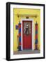 Colourful, Ornate Traditional Doorway and Striped Mooring Posts in the Town of Burano, Venice-Cahir Davitt-Framed Photographic Print