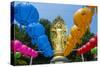 Colourful Paper Lanterns in Front of a Golden Buddha in the Fortress of Suwon-Michael-Stretched Canvas