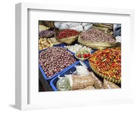 Colourful produce of peppers, garlic, onions, peanuts and shallots, at a market in Denpasar, Bali,-Melissa Kuhnell-Framed Photographic Print