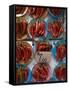 Colourful Red Chillies on Blue Plates on a Market Stall in Kuching, Sarawakn Borneo-Annie Owen-Framed Stretched Canvas