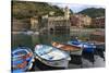 Colourful village houses and boats in harbour, Vernazza, Cinque Terre, UNESCO World Heritage Site, -Eleanor Scriven-Stretched Canvas