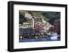 Colourful village houses, churches and ferry, Vernazza, Cinque Terre, UNESCO World Heritage Site, L-Eleanor Scriven-Framed Photographic Print