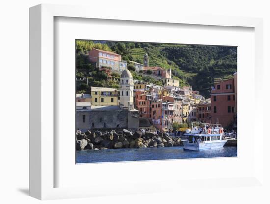 Colourful village houses, churches and ferry, Vernazza, Cinque Terre, UNESCO World Heritage Site, L-Eleanor Scriven-Framed Photographic Print