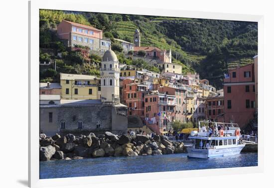 Colourful village houses, churches and ferry, Vernazza, Cinque Terre, UNESCO World Heritage Site, L-Eleanor Scriven-Framed Photographic Print