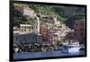 Colourful village houses, churches and ferry, Vernazza, Cinque Terre, UNESCO World Heritage Site, L-Eleanor Scriven-Framed Photographic Print