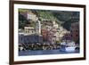 Colourful village houses, churches and ferry, Vernazza, Cinque Terre, UNESCO World Heritage Site, L-Eleanor Scriven-Framed Photographic Print