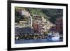Colourful village houses, churches and ferry, Vernazza, Cinque Terre, UNESCO World Heritage Site, L-Eleanor Scriven-Framed Photographic Print