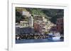 Colourful village houses, churches and ferry, Vernazza, Cinque Terre, UNESCO World Heritage Site, L-Eleanor Scriven-Framed Photographic Print