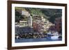 Colourful village houses, churches and ferry, Vernazza, Cinque Terre, UNESCO World Heritage Site, L-Eleanor Scriven-Framed Photographic Print