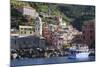 Colourful village houses, churches and ferry, Vernazza, Cinque Terre, UNESCO World Heritage Site, L-Eleanor Scriven-Mounted Photographic Print