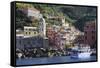 Colourful village houses, churches and ferry, Vernazza, Cinque Terre, UNESCO World Heritage Site, L-Eleanor Scriven-Framed Stretched Canvas