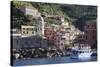 Colourful village houses, churches and ferry, Vernazza, Cinque Terre, UNESCO World Heritage Site, L-Eleanor Scriven-Stretched Canvas