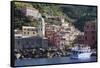 Colourful village houses, churches and ferry, Vernazza, Cinque Terre, UNESCO World Heritage Site, L-Eleanor Scriven-Framed Stretched Canvas