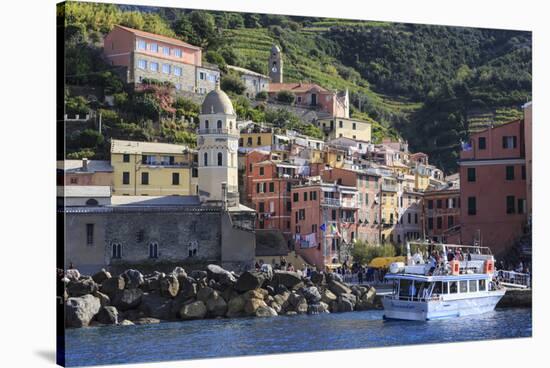 Colourful village houses, churches and ferry, Vernazza, Cinque Terre, UNESCO World Heritage Site, L-Eleanor Scriven-Stretched Canvas