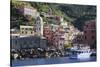 Colourful village houses, churches and ferry, Vernazza, Cinque Terre, UNESCO World Heritage Site, L-Eleanor Scriven-Stretched Canvas