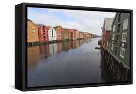 Colourful Wooden Warehouses on Wharves Beside the Nidelva River-Eleanor Scriven-Framed Stretched Canvas