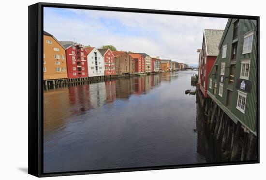 Colourful Wooden Warehouses on Wharves Beside the Nidelva River-Eleanor Scriven-Framed Stretched Canvas