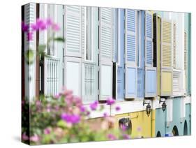 Colourful Wooden Window Shutters in the Boat Quay Area of Singapore, Southeast Asia, Asia-John Woodworth-Stretched Canvas