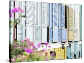 Colourful Wooden Window Shutters in the Boat Quay Area of Singapore, Southeast Asia, Asia-John Woodworth-Stretched Canvas