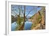 Colourful Yunnan Wood Carvings with Suocui Bridge and Moon Embracing Pavilion, Lijiang, Yunnan-Andreas Brandl-Framed Photographic Print