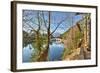 Colourful Yunnan Wood Carvings with Suocui Bridge and Moon Embracing Pavilion, Lijiang, Yunnan-Andreas Brandl-Framed Photographic Print