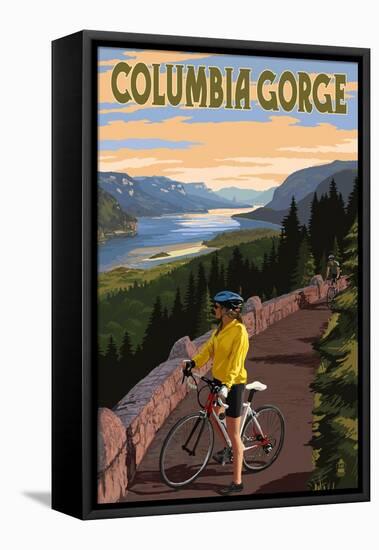 Columbia River Gorge - Bicycle Scene-Lantern Press-Framed Stretched Canvas