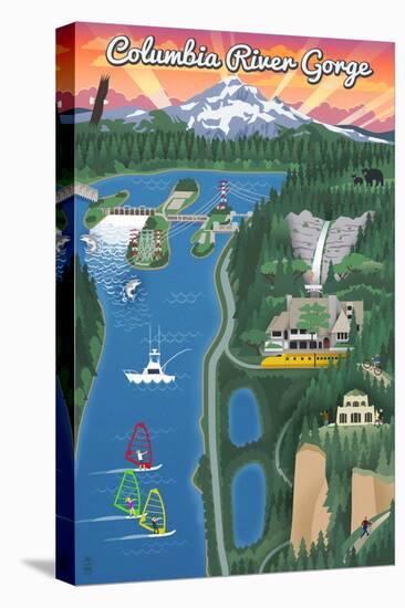 Columbia River Gorge, Oregon - Retro Scene-Lantern Press-Stretched Canvas