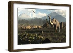 Columbian Mammoths and Bison Roam the Ancient Plains of North America-null-Framed Art Print