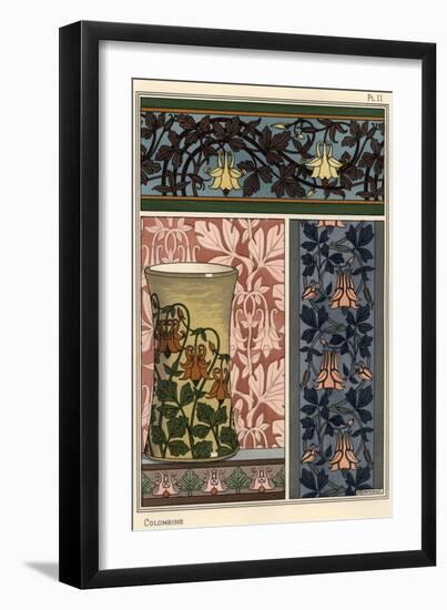 Columbine flower, Aquilegia vulgaris, in patterns for wallpaper, fabric and vase.-null-Framed Giclee Print