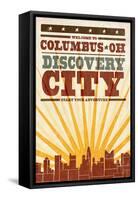 Columbus, Ohio - Skyline and Sunburst Screenprint Style-Lantern Press-Framed Stretched Canvas