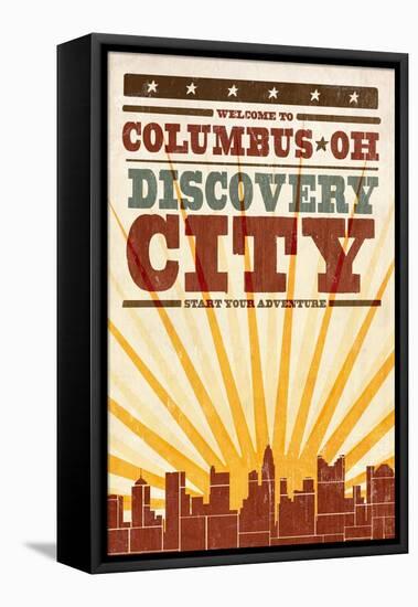 Columbus, Ohio - Skyline and Sunburst Screenprint Style-Lantern Press-Framed Stretched Canvas