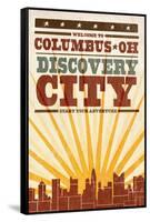 Columbus, Ohio - Skyline and Sunburst Screenprint Style-Lantern Press-Framed Stretched Canvas