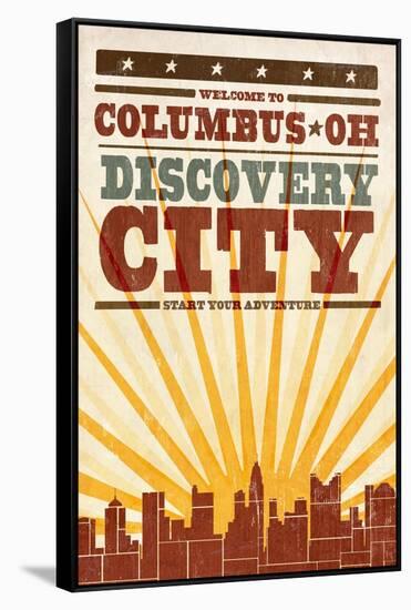 Columbus, Ohio - Skyline and Sunburst Screenprint Style-Lantern Press-Framed Stretched Canvas