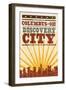 Columbus, Ohio - Skyline and Sunburst Screenprint Style-Lantern Press-Framed Art Print