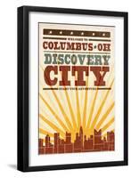 Columbus, Ohio - Skyline and Sunburst Screenprint Style-Lantern Press-Framed Art Print