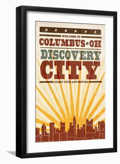 Columbus, Ohio - Skyline and Sunburst Screenprint Style-Lantern Press-Framed Art Print