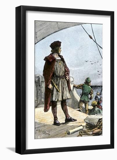 Columbus Watching for Land from the Deck of the Caravel Santa Maria, c.1492-null-Framed Giclee Print