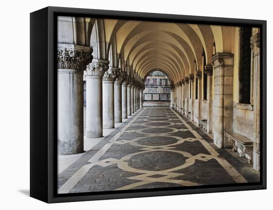 Columns and Archways Along Patterned Passageway at the Doge's Palace, Venice, Italy-Dennis Flaherty-Framed Stretched Canvas