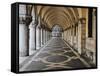 Columns and Archways Along Patterned Passageway at the Doge's Palace, Venice, Italy-Dennis Flaherty-Framed Stretched Canvas