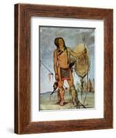 Comanche Warrior with a Shield, Lance and Bow and Arrows, c.1835-George Catlin-Framed Giclee Print