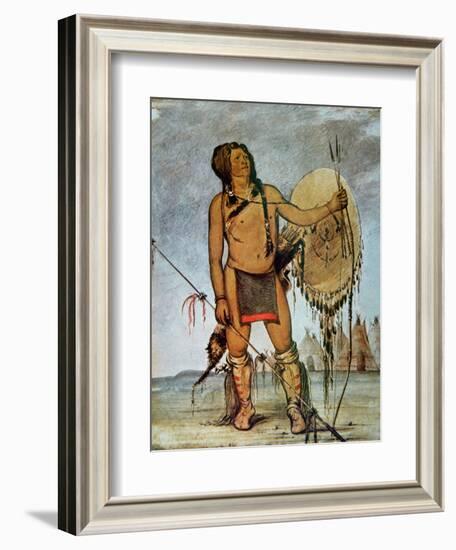 Comanche Warrior with a Shield, Lance and Bow and Arrows, c.1835-George Catlin-Framed Giclee Print