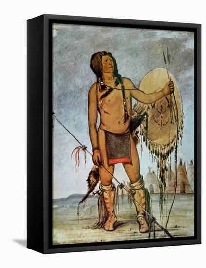 Comanche Warrior with a Shield, Lance and Bow and Arrows, c.1835-George Catlin-Framed Stretched Canvas