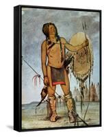 Comanche Warrior with a Shield, Lance and Bow and Arrows, c.1835-George Catlin-Framed Stretched Canvas