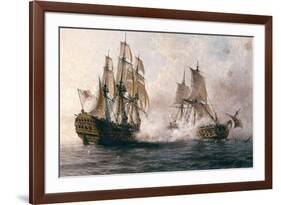 Combat Between the Spanish "Glorioso" Against the British "Darmouth"-Angel María Cortellini-Framed Art Print