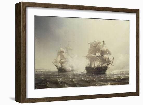 Combat de la frégate française "l'Embuscade" contre la frégate anglaise "le Boston" devant-Jean Antoine Théodore de Gudin-Framed Giclee Print