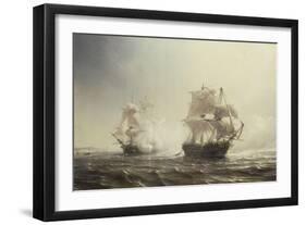 Combat de la frégate française "l'Embuscade" contre la frégate anglaise "le Boston" devant-Jean Antoine Théodore de Gudin-Framed Giclee Print