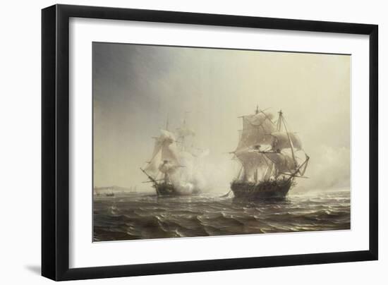 Combat de la frégate française "l'Embuscade" contre la frégate anglaise "le Boston" devant-Jean Antoine Théodore de Gudin-Framed Giclee Print