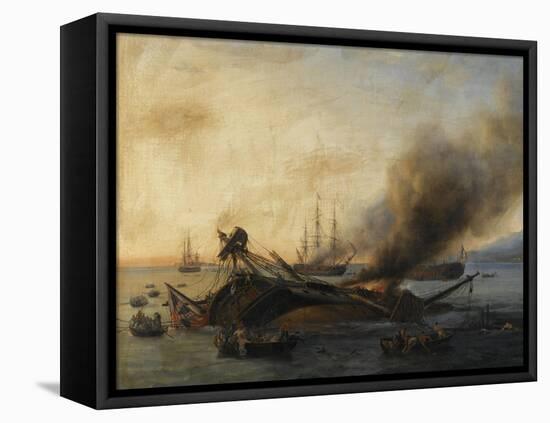 Combat naval entre une division française et anglaise en vue de l'île de la-Pierre Julien Gilbert-Framed Stretched Canvas